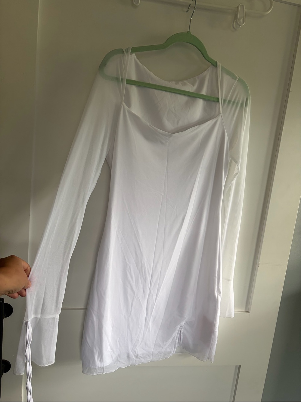White Long Sleeve Sheer-Overlay Women's Mini Dress